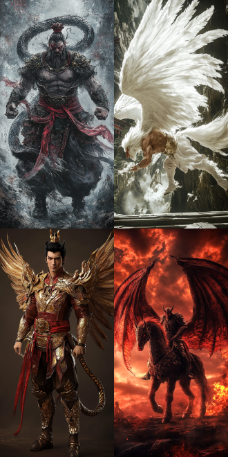 中国山海经风格，半人马，男人和马结合，巨大的翅膀，长长的蛇尾，动感，威严震慑，暗色调，国潮风格，视觉震撼，丰富细节，8k高清