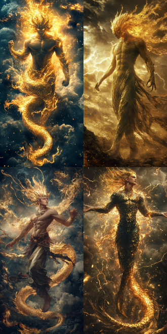 超现实主义，人首龙身，人和中国龙的结合，没有双腿，龙的尾巴，金色长发飘逸，英俊，张开双臂，闪电环绕，乌云密布，狂风金色调，中国国潮风，8k高清，魔幻现实主义，细节丰富，神秘氛围，高分辨率，细腻纹理，玄幻风格，远景，力量感，神秘感。