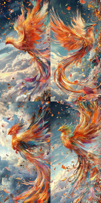 中国国潮风，中国美学，一只巨大的凤凰，五彩的羽毛，颜色鲜艳，五彩斑斓，头顶长长的羽毛，狂风大作，落叶飘零，天空背景，对角线构图，凶狠，8k高清，魔幻现实主义，细节丰富，神秘氛围，高分辨率，细腻纹理，玄幻风格，远景，力量感，神秘感。 中国国潮风，中国美学，一只鸟，凤凰飞天，神鸟，五彩的羽毛，五彩斑斓，颜色鲜艳，色彩丰富，头顶长长的羽毛，狂风大作，落叶飘零，眼神犀利，凶狠，对角线构图，8k高清，魔幻现实主义，细节丰富，神秘氛围，高分辨率，细腻纹理，玄幻风格，远景，力量感，神秘感。