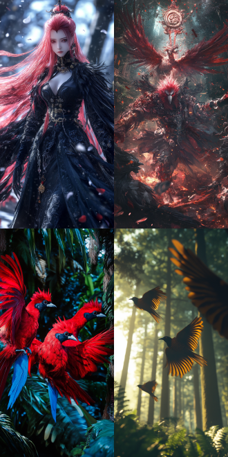 中国国潮风，中国美学，三只喜鹊，红色的头，纯黑色的眼睛，长长的尾巴，头顶长长的羽毛，威严霸气，展翅飞翔，狂风大作，森林背景，暗色调，8k高清，魔幻现实主义，细节丰富，神秘氛围，高分辨率，细腻纹理，玄幻风格，远景，力量感，神秘感。