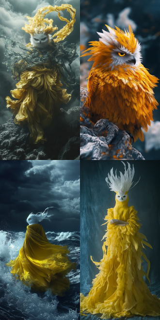 中国国潮风，中国美学，黄色的猫头鹰，白色的头，狂风大作，乌云密布，暗色调，8k高清，魔幻现实主义，细节丰富，神秘氛围，高分辨率，细腻纹理，玄幻风格，远景，力量感，神秘感。