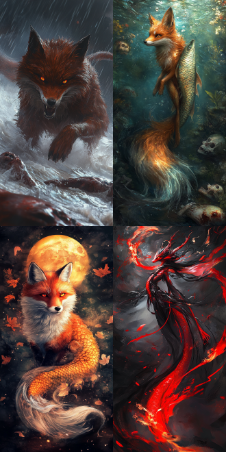中国国潮风，中国美学，火红色的狐狸，背部长出巨大的飘逸的鱼鳍，眼神犀利，横尸遍野，狂风大作，乌云密布，暗色调，鱼鳞，8k高清，魔幻现实主义，细节丰富，神秘氛围，高分辨率，细腻纹理，玄幻风格，远景，力量感，神秘感。