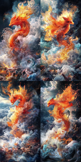 中国国潮风，中国美学，火红色的狐狸，背部长出巨大的飘逸的金鱼鳍，眼神犀利，横尸遍野，狂风大作，乌云密布，暗色调，鱼鳞，8k高清，魔幻现实主义，细节丰富，神秘氛围，高分辨率，细腻纹理，玄幻风格，远景，力量感，神秘感。