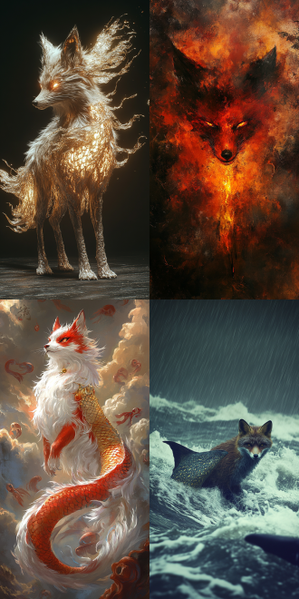 中国国潮风，中国美学，火红色的狐狸，背部长出巨大的飘逸的金鱼鳍，眼神犀利，横尸遍野，狂风大作，乌云密布，暗色调，鱼鳞，8k高清，魔幻现实主义，细节丰富，神秘氛围，高分辨率，细腻纹理，玄幻风格，远景，力量感，神秘感。