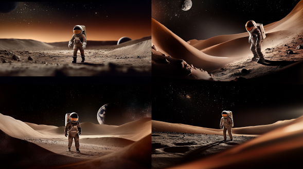 宇航员在月球表面行走，背景是深邃的太空，宇航服细节清晰，面部表情专注，月球表面有微小的陨石坑，太空中有星星和地球的轮廓，广角镜头，高对比度，冷色调，侧光，慢快门，宁静，探索。