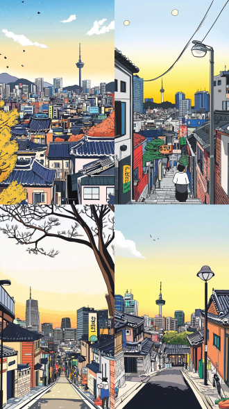 韩国城市，首尔，韩国插画，卡通，黑色系，高端 动画艺术 吉卜力 新艺术风格 中国水墨 新海诚风格 黄金比例构图 正视 黑金 黑 暗黄