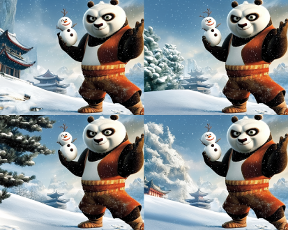 a skilled kung fu panda is building a snowman, drifting snow， unreal engine