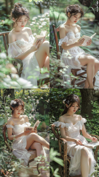 亚洲美女户外阅读，白色长裙，完美身材，坐在椅子上，自然光线，柔和色调，远景镜头，宁静表情，花园背景，优雅姿态，专注阅读，清新自然。