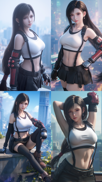tifa lockhart, set in tokyo rooftop, beautiful costume, smartphone photo, taken in the 2020s, outfit, she has black hair with bangs, full uniform, sleeveless, gogo : :, 3dcg, hair ponytail, inspired by okada beisanjin, physical : tinyest midriff ever, weibo