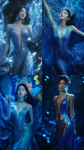 queen of the sea mu yanling, elegant evening gowns!, 16k uhd, blue scales covering her chest, very tall and slender, rei hiroe, tall and lanky skinny, modelsociety, dvd screencapture, crystals and diamonds, year's best award, contrapposto, blue lighting