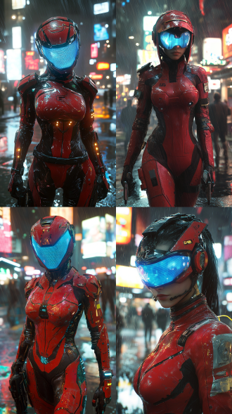 ((cyberpunk female warrior in red high-tech combat suit:1.4)), tight-fitting armor with glowing circuit patterns, (metallic exoskeleton joints:1.2), neon blue visor covering eyes, (detailed facial features:1.3), sharp eyeliner, (neon-lit rainy cityscape at night:1.2), holographic advertisements, puddles reflecting neon lights, cinematic perspective, cyberpunk 2077 style, hyperrealism, 8k resolution, unreal engine 5 rendering