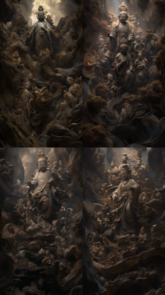 道教多个神仙雕像洞窟，大场景，暗黑中国传统塑像，波纹连绵，细腻笔触，暗黑纹路背景，金箔绘祥云图案，微距镜头，柔光，静谧，神圣，暗黑细腻纹理，传统与现代结合。