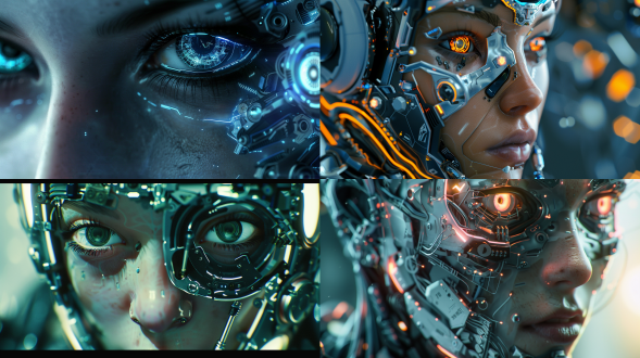 赛博男孩面部头像，未来科技感，金属质感皮肤，冷色调，特写镜头，锐利焦点，背光，电子眼，机械元素，神秘表情。解构布局，细节丰富，层次感强，众多部件，极其精细，逼真风格，16:9比例，风格化750，版本6.0，金属质感，冷色调，精密机械，科技感，动态静止，光影分明，未来主义。 赛博男人面部头像，未来科技感，金属质感皮肤，冷色调，特写镜头，锐利焦点，背光，电子眼，机械元素，神秘表情。解构布局，细节丰富，层次感强，众多部件，极其精细，逼真风格，16:9比例，风格化750，版本6.0，金属质感，冷色调，精密机械，科技感，动态静止，光影分明，未来主义。