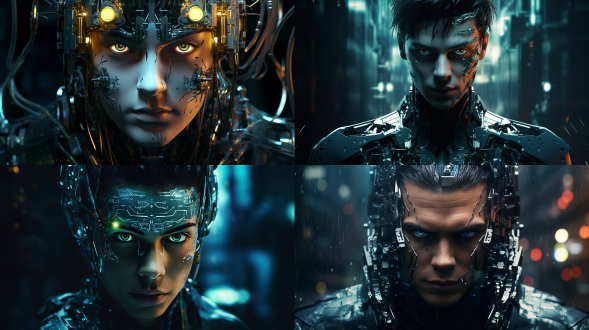 赛博男人正面角度，未来科技感，金属质感皮肤，冷色调，特写镜头，锐利焦点，背光，电子眼，机械元素，神秘表情。解构布局，细节丰富，层次感强，众多部件，极其精细，逼真风格，16:9比例，风格化750，版本6.0，金属质感，冷色调，精密机械，科技感，动态静止，光影分明，未来主义。