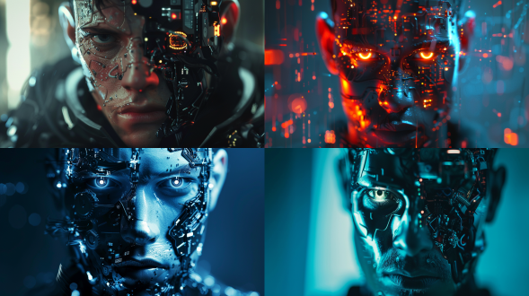 赛博男人正面角度，未来科技感，金属质感皮肤，冷色调，特写镜头，锐利焦点，背光，电子眼，机械元素，神秘表情。解构布局，细节丰富，层次感强，众多部件，极其精细，逼真风格，16:9比例，风格化750，版本6.0，金属质感，冷色调，精密机械，科技感，动态静止，光影分明，未来主义。