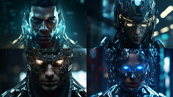 赛博男人正面角度，未来科技感，金属质感皮肤，冷色调，特写镜头，锐利焦点，背光，电子眼，机械元素，神秘表情。解构布局，细节丰富，层次感强，众多部件，极其精细，逼真风格，16:9比例，风格化750，版本6.0，金属质感，冷色调，精密机械，科技感，动态静止，光影分明，未来主义。