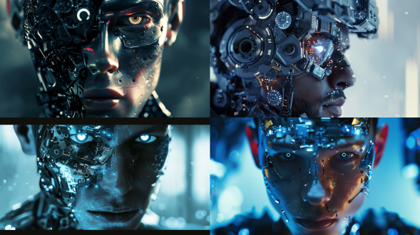 赛博男人正面角度，未来科技感，金属质感皮肤，冷色调，特写镜头，锐利焦点，背光，电子眼，机械元素，神秘表情。解构布局，细节丰富，层次感强，众多部件，极其精细，逼真风格，16:9比例，风格化750，版本6.0，金属质感，冷色调，精密机械，科技感，动态静止，光影分明，未来主义。