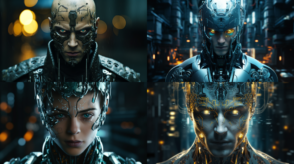 赛博男人正面角度，未来科技感，金属质感皮肤，冷色调，特写镜头，锐利焦点，背光，电子眼，机械元素，神秘表情。解构布局，细节丰富，层次感强，众多部件，极其精细，逼真风格，16:9比例，风格化750，版本6.0，金属质感，冷色调，精密机械，科技感，动态静止，光影分明，未来主义。