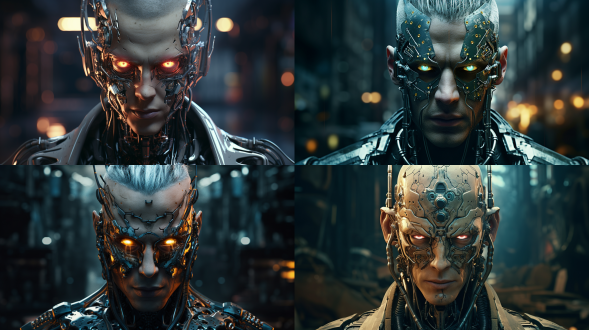 赛博男人正面角度，未来科技感，金属质感皮肤，明亮色调，特写镜头，锐利焦点，背光，电子眼，机械元素，神秘表情。解构布局，细节丰富，层次感强，众多部件，极其精细，逼真风格，16:9比例，风格化750，版本6.0，金属质感，冷色调，精密机械，科技感，动态静止，光影分明，未来主义。