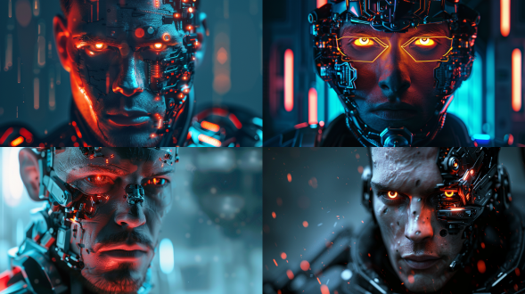 赛博男人正面角度，未来科技感，金属质感皮肤，明亮色调，特写镜头，锐利焦点，背光，电子眼，机械元素，神秘表情。解构布局，细节丰富，层次感强，众多部件，极其精细，逼真风格，16:9比例，风格化750，版本6.0，金属质感，冷色调，精密机械，科技感，动态静止，光影分明，未来主义。