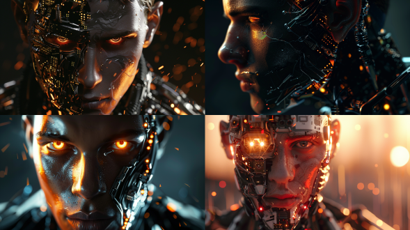 赛博男人正面角度，未来科技感，金属质感皮肤，暖色调，特写镜头，锐利焦点，背光，电子眼，机械元素，神秘表情。解构布局，细节丰富，层次感强，众多部件，极其精细，逼真风格，16:9比例，风格化750，版本6.0，金属质感，冷色调，精密机械，科技感，动态静止，光影分明，未来主义。