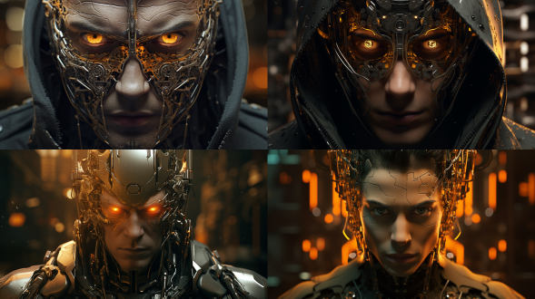 赛博男人正面角度，未来科技感，金属质感皮肤，暖色调，特写镜头，锐利焦点，背光，电子眼，机械元素，神秘表情。解构布局，细节丰富，层次感强，众多部件，极其精细，逼真风格，16:9比例，风格化750，版本6.0，金属质感，冷色调，精密机械，科技感，动态静止，光影分明，未来主义。