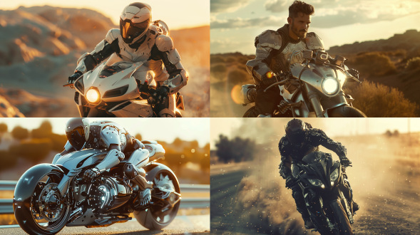 骑摩托的男人，未来机甲衣，诱惑，坚毅表情，远景，自然光，长焦镜头，细节清晰，古朴色调，未来科技感，动态模糊，风景背景，冷色调，电子眼，机械元素，神秘感，细节丰富，层次感强，极其精细，逼真风格，16:9比例，风格化750，版本6.0，金属质感，冷色调，精密机械，科技感，力量感。