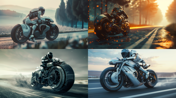 骑摩托的男人，不带头盔，未来机甲衣，诱惑，坚毅表情，远景，自然光，长焦镜头，细节清晰，冷色调，未来科技感，动态模糊，风景背景，冷色调，电子眼，机械元素，神秘感，细节丰富，层次感强，极其精细，逼真风格，16:9比例，风格化750，版本6.0，金属质感，冷色调，精密机械，科技感，力量感。