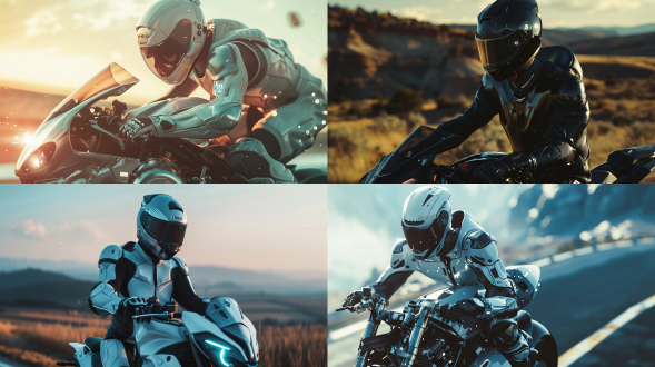 摩托的男人，拿下头盔，未来机甲衣，诱惑，坚毅表情，远景，自然光，长焦镜头，细节清晰，冷色调，未来科技感，动态模糊，风景背景，冷色调，电子眼，机械元素，神秘感，细节丰富，层次感强，极其精细，逼真风格，16:9比例，风格化750，版本6.0，金属质感，冷色调，精密机械，科技感，力量感。