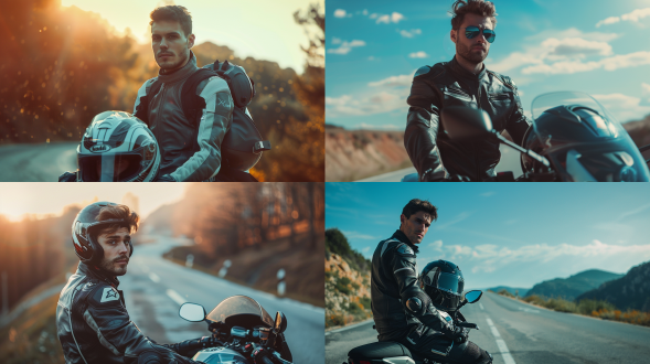骑摩托的男人，停在路边，手拿头盔，未来机甲衣，诱惑，坚毅表情，远景，自然光，长焦镜头，细节清晰，冷色调，未来科技感，动态模糊，风景背景，冷色调，电子眼，机械元素，神秘感，细节丰富，层次感强，极其精细，逼真风格，16:9比例，风格化750，版本6.0，金属质感，冷色调，精密机械，科技感，力量感。