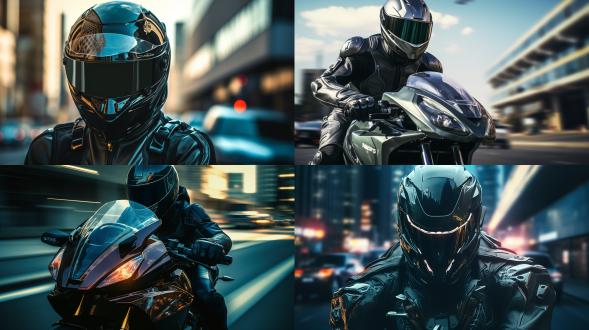 骑摩托的男人，停在路边，手拿头盔，未来机甲衣，诱惑，坚毅表情，远景，自然光，长焦镜头，细节清晰，冷色调，未来科技感，动态模糊，风景背景，冷色调，电子眼，机械元素，神秘感，细节丰富，层次感强，极其精细，逼真风格，16:9比例，风格化750，版本6.0，金属质感，冷色调，精密机械，科技感，力量感。