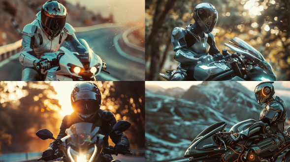骑摩托的男人，手拿头盔，未来机甲衣，诱惑，坚毅表情，远景，自然光，长焦镜头，细节清晰，冷色调，未来科技感，动态模糊，风景背景，冷色调，电子眼，机械元素，神秘感，细节丰富，层次感强，极其精细，逼真风格，16:9比例，风格化750，版本6.0，金属质感，冷色调，精密机械，科技感，力量感。