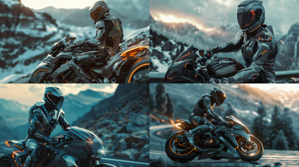 骑摩托的男人，手拿头盔，未来机甲衣，诱惑，坚毅表情，远景，自然光，长焦镜头，细节清晰，冷色调，未来科技感，动态模糊，风景背景，冷色调，电子眼，机械元素，神秘感，细节丰富，层次感强，极其精细，逼真风格，16:9比例，风格化750，版本6.0，金属质感，冷色调，精密机械，科技感，力量感。