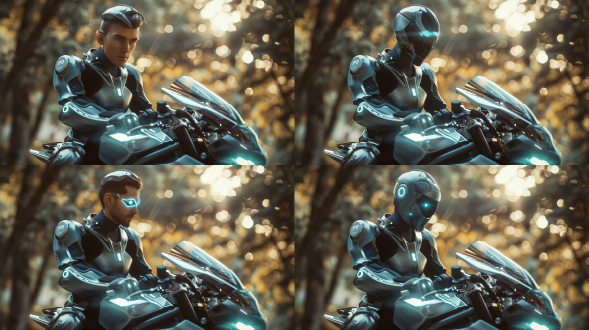 骑摩托的男人，手拿头盔，未来机甲衣，诱惑，坚毅表情，远景，自然光，长焦镜头，细节清晰，冷色调，未来科技感，动态模糊，风景背景，冷色调，电子眼，机械元素，神秘感，细节丰富，层次感强，极其精细，逼真风格，16:9比例，风格化750，版本6.0，金属质感，冷色调，精密机械，科技感，力量感。