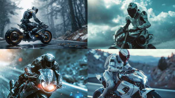 骑摩托的男人，手拿头盔，未来机甲衣，诱惑，坚毅表情，远景，自然光，长焦镜头，细节清晰，冷色调，未来科技感，动态模糊，风景背景，冷色调，电子眼，机械元素，神秘感，细节丰富，层次感强，极其精细，逼真风格，16:9比例，风格化750，版本6.0，金属质感，冷色调，精密机械，科技感，力量感。