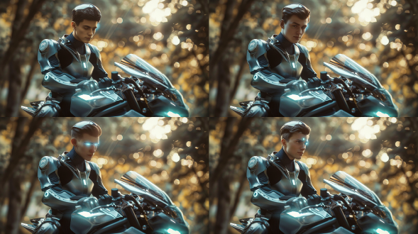 骑摩托的男人，手拿头盔，未来机甲衣，诱惑，坚毅表情，远景，自然光，长焦镜头，细节清晰，冷色调，未来科技感，动态模糊，风景背景，冷色调，电子眼，机械元素，神秘感，细节丰富，层次感强，极其精细，逼真风格，16:9比例，风格化750，版本6.0，金属质感，冷色调，精密机械，科技感，力量感。