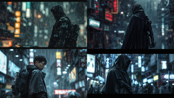 夜晚大雨澎湃，黑色斗篷，右手机械手臂，细节清晰，人群中突出，未来科技城市，背着包裹，孤独真实风格，亚洲男性，娃娃脸冷峻，高对比度，冷色调，广角镜头，雨水效果，侧光，动态模糊，金属质感，机械质感，孤独感，神秘氛围，机械元素，正面走来，真实风格，全身人物真实，虚幻引擎渲染。
