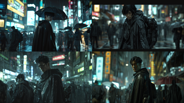 夜晚大雨澎湃，人物正面角度，黑色斗篷，右手机械手臂，细节清晰，人群中突出，未来科技城市，背着包裹，孤独真实风格，亚洲男性，娃娃脸冷峻，高对比度，冷色调，广角镜头，雨水效果，侧光，动态模糊，金属质感，机械质感，孤独感，神秘氛围，机械元素，正面走来，真实风格，全身人物真实，虚幻引擎渲染。