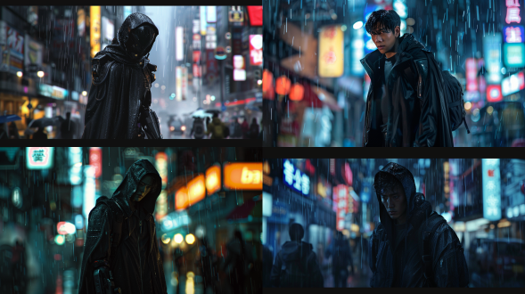 夜晚大雨澎湃，镜头正面角度，黑色斗篷，右手机械手臂，细节清晰，人群中突出，未来科技城市，背着包裹，孤独真实风格，亚洲男性，极其精细，高对比度，冷色调，广角镜头，雨水效果，侧光，动态模糊，金属质感，机械质感，孤独感，神秘氛围，机械元素，正面走来，真实风格，全身人物真实，虚幻引擎渲染。