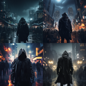 夜晚大雨澎湃，镜头正面角度，黑色斗篷，右手机械手臂，细节清晰，人群中突出，未来科技城市，背着包裹，孤独真实风格，亚洲男性，极其精细，高对比度，冷色调，广角镜头，雨水效果，侧光，动态模糊，金属质感，机械质感，孤独感，神秘氛围，机械元素，正面走来，真实风格，全身人物真实，虚幻引擎渲染。