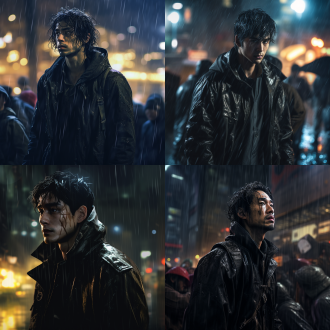 夜晚大雨澎湃，正面角度，黑色斗篷，右手机械手臂，细节清晰，人群中突出，未来科技城市，背着包裹，孤独真实风格，亚洲男性，极其精细，高对比度，冷色调，广角镜头，雨水效果，侧光，动态模糊，金属质感，机械质感，孤独感，神秘氛围，机械元素，正面走来，真实风格，全身人物真实，虚幻引擎渲染。