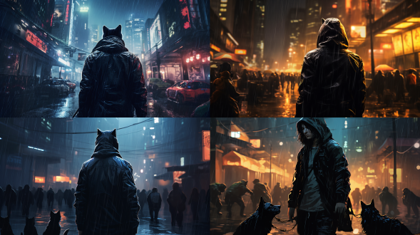 夜晚大雨澎湃，正面角度，黑色斗篷，右手机械手臂，细节清晰，人群中突出，未来科技城市，背着包裹，孤独真实风格，亚洲男性，极其精细，高对比度，冷色调，广角镜头，雨水效果，侧光，动态模糊，金属质感，机械质感，孤独感，神秘氛围，机械元素，正面走来，真实风格，全身人物真实，虚幻引擎渲染。