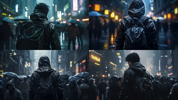 夜晚大雨澎湃，镜头正面角度，黑色斗篷，右手机械手臂，细节清晰，人群中突出，未来科技城市，背着包裹，孤独真实风格，亚洲男性，极其精细，高对比度，冷色调，广角镜头，雨水效果，侧光，动态模糊，金属质感，机械质感，孤独感，神秘氛围，机械元素，正面走来，真实风格，全身人物真实，虚幻引擎渲染。