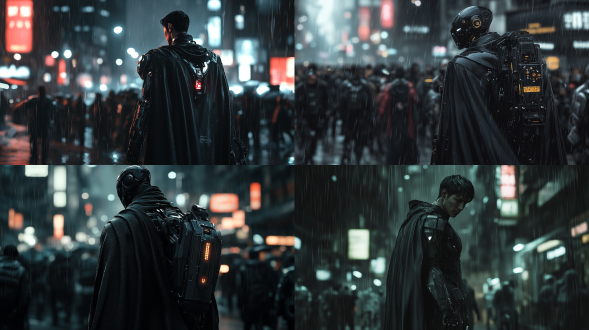 夜晚大雨澎湃，镜头正面角度，黑色斗篷，右手机械手臂，细节清晰，人群中突出，未来科技城市，背着包裹，孤独真实风格，亚洲男性，极其精细，高对比度，冷色调，广角镜头，雨水效果，侧光，动态模糊，金属质感，机械质感，孤独感，神秘氛围，机械元素，正面走来，真实风格，全身人物真实，虚幻引擎渲染。