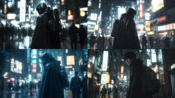 夜晚大雨澎湃，正面角度，黑色斗篷，右手机械手臂，细节清晰，人群中突出，未来科技城市，背着包裹，孤独真实风格，亚洲男性，极其精细，高对比度，冷色调，广角镜头，雨水效果，侧光，动态模糊，金属质感，机械质感，孤独感，神秘氛围，机械元素，正面走来，真实风格，全身人物真实，虚幻引擎渲染。