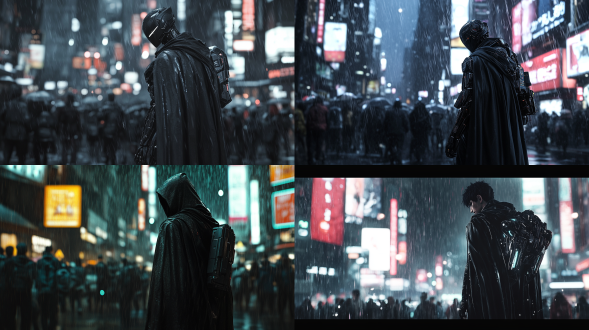 夜晚大雨澎湃，镜头正面角度，黑色斗篷，右手机械手臂，细节清晰，人群中突出，未来科技城市，背着包裹，孤独真实风格，亚洲男性，极其精细，高对比度，冷色调，广角镜头，雨水效果，侧光，动态模糊，金属质感，机械质感，孤独感，神秘氛围，机械元素，正面走来，真实风格，全身人物真实，虚幻引擎渲染。