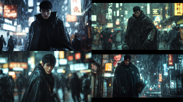 夜晚大雨澎湃，正面面对镜头，黑色斗篷，右手机械手臂，细节清晰，人群中突出，未来科技城市，背着包裹，孤独真实风格，亚洲男性，极其精细，高对比度，冷色调，广角镜头，雨水效果，侧光，动态模糊，金属质感，机械质感，孤独感，神秘氛围，机械元素，正面走来，真实风格，全身人物真实，虚幻引擎渲染。