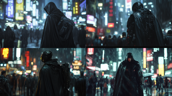 夜晚大雨澎湃，镜头正面角度，黑色斗篷，右手机械手臂，细节清晰，人群中突出，未来科技城市，背着包裹，孤独真实风格，亚洲男性正面，极其精细，高对比度，冷色调，广角镜头，雨水效果，侧光，动态模糊，金属质感，机械质感，孤独感，神秘氛围，机械元素，正面走来，真实风格，全身人物真实，虚幻引擎渲染。