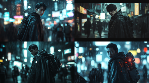 夜晚大雨澎湃，正面面对镜头，黑色斗篷，右手机械手臂，细节清晰，人群中突出，未来科技城市，背着包裹，孤独真实风格，亚洲男性，极其精细，高对比度，冷色调，广角镜头，雨水效果，侧光，动态模糊，金属质感，机械质感，孤独感，神秘氛围，机械元素，正面走来，真实风格，全身人物真实，虚幻引擎渲染。