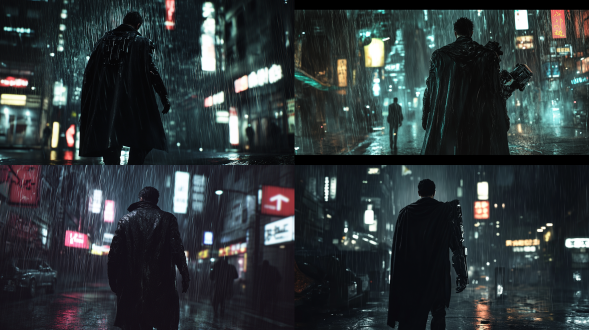 夜晚大雨澎湃，黑色斗篷，机械手臂，未来科技城市，亚洲男性，高对比度，冷色调，广角镜头，雨水效果，侧光，动态模糊，金属质感，机械质感，孤独感，神秘氛围，机械元素，正面走来，真实风格，全身人物真实，虚幻引擎渲染。